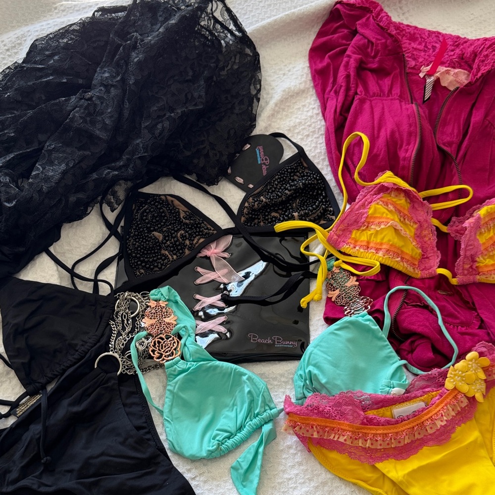 Fabric lot of beach, bunny, bikini top bottom cover up jacket, older vintage